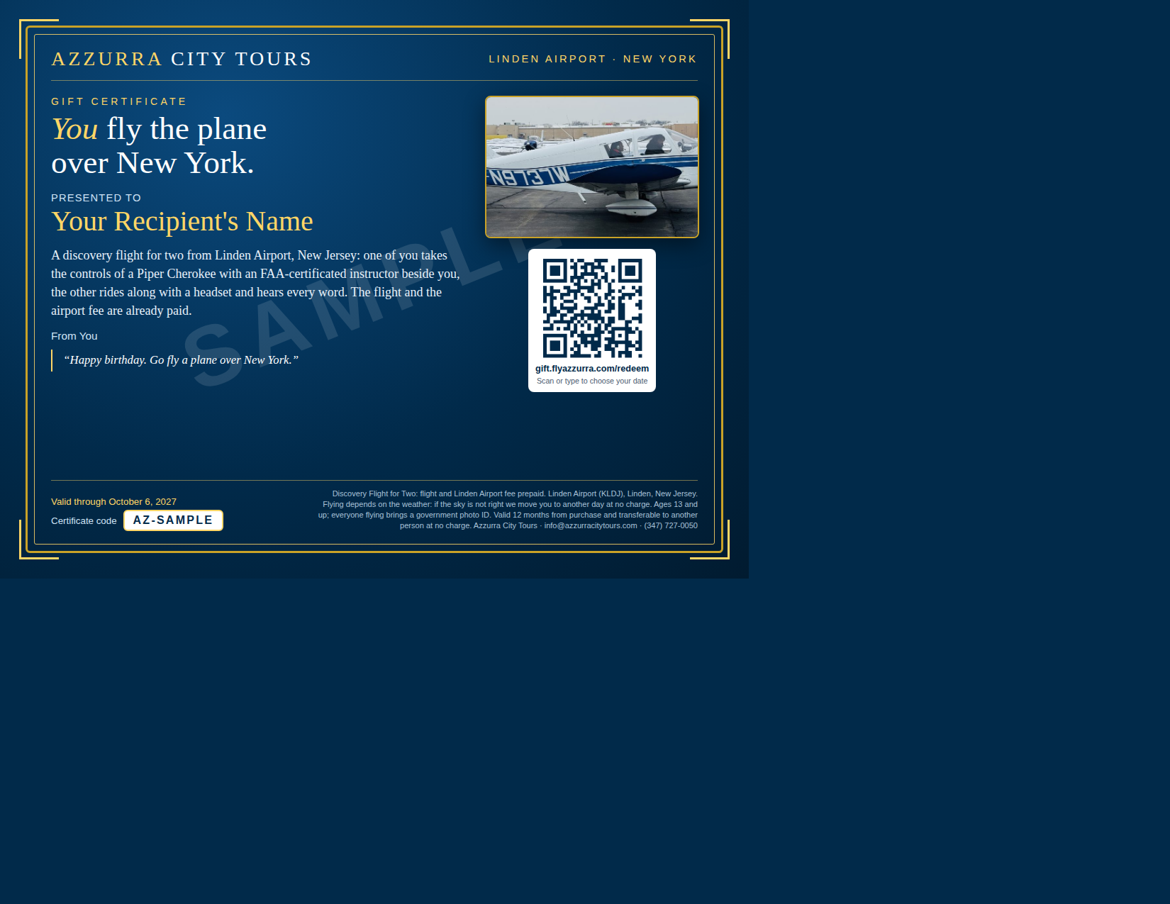 Sample Azzurra gift certificate: a navy and gold certificate with the recipient's name, the aircraft, and a QR code to choose a date
